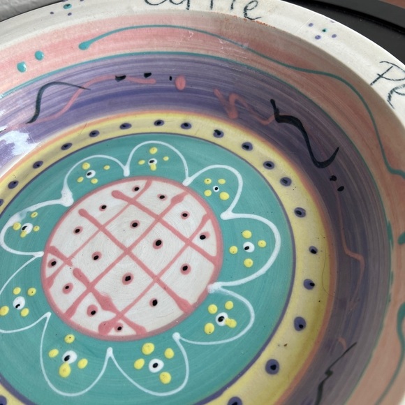 Whimsical Handmade Pottery Pie Deep Dish Plate Pan Hand Painted Apple Peach - Picture 6 of 11